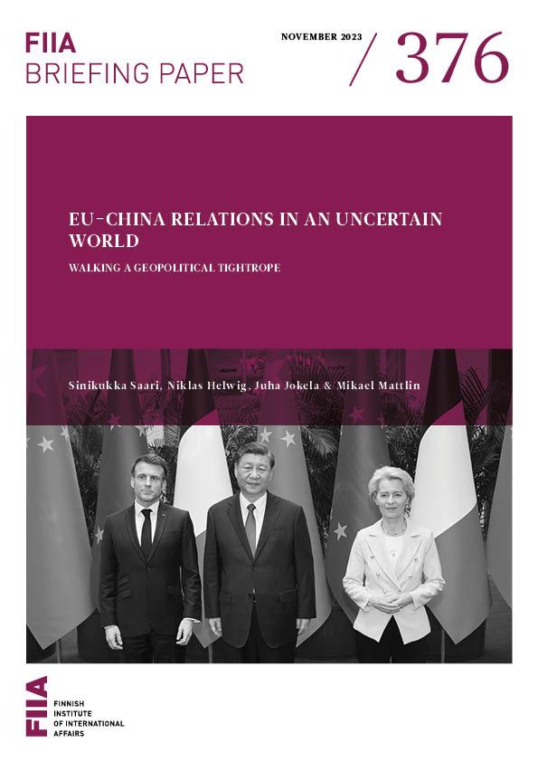 Cover page of the publication consisting of the title, names of the authors and a black-and-white photo of French President, Chinese President and President of the EU Commission standing in front of French, Chinese and EU flags.