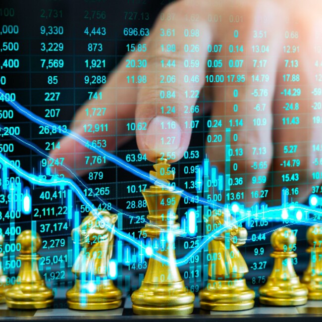 A series of stock market numbers and trends overlaid with chess pieces, symbolizing the strategic nature of financial markets.