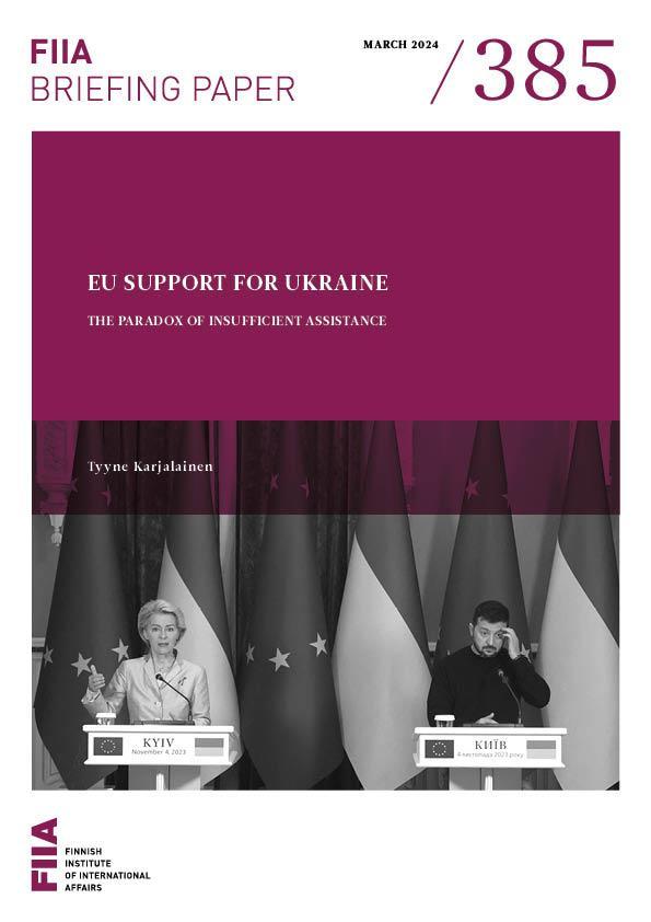 Cover page depicting the title of the publication, name of the author, purple illustrations, and a black and white photo of European Comission's President Ursula von der Leyen meeting with Ukraine's President Volodymyr Zelenskyy in Kiyv.