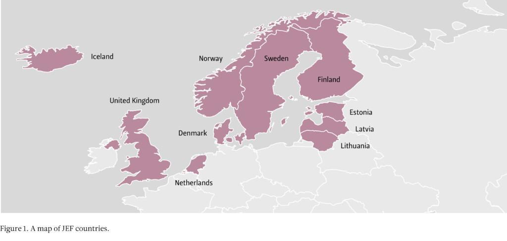 A map of Northern Europe depicting the ten JEF countries. 