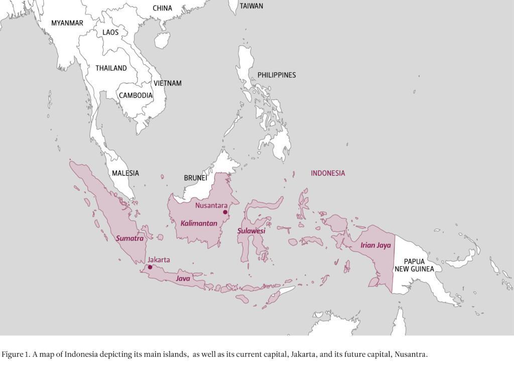 A map pf Indonesia depicting its main islands, as well as its current capital Jakarta and its future capital, Nusantra. 