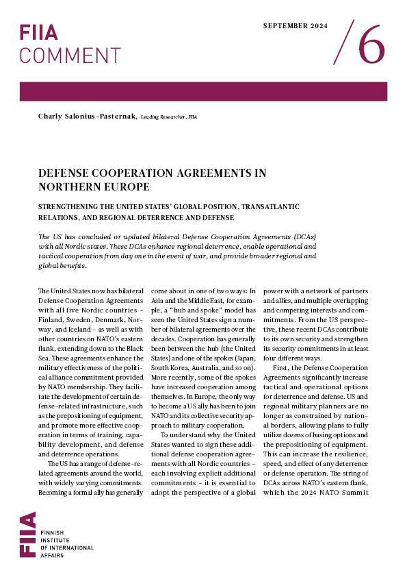 Cover picture for a publication titled Defense Cooperation Agreements in northern Europe: Strengthening the United States’ global position, transatlantic relations, and regional deterrence and defense. The picture includes the author's name, title of the publication and text.