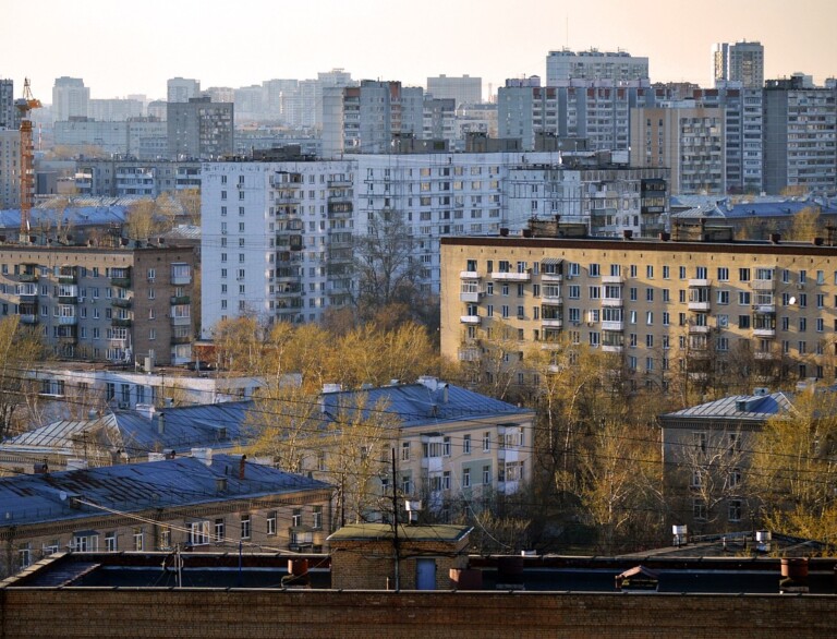 Moscow city view of apartment buildings at day.