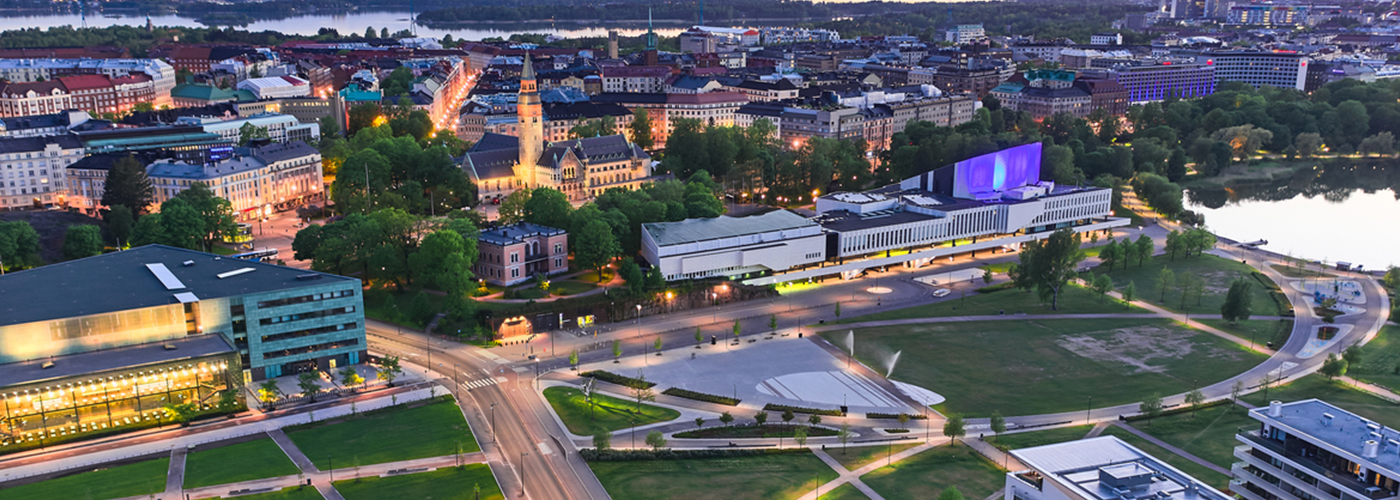 Helsinki city center from above, sunset.