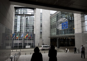 People walk outside of the European Parliament in Brussels, Belgium on September 20, 2023.