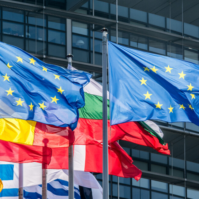 European Union flags in Strasbourg infront of a building