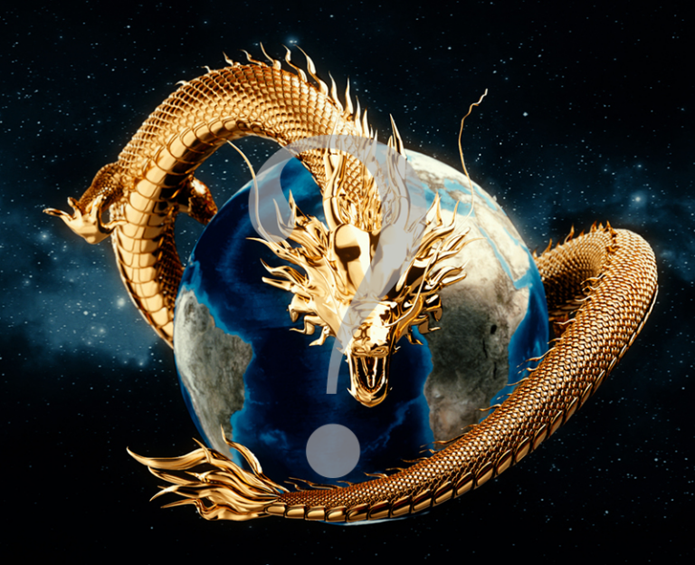 A dragon that is holding the world in space with question mark on the right side. Dragon is a symbol for China.