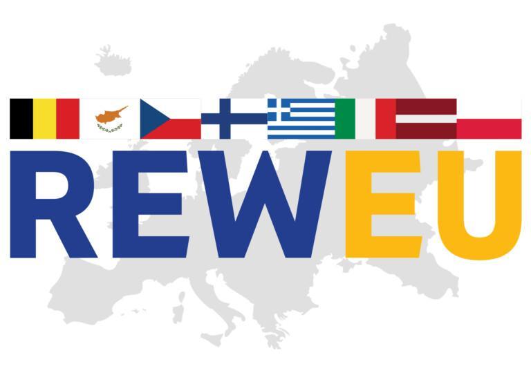 Logo for the research project "(Re)uniting the East and West: Reflections on the 2004 EU enlargement (REWEU)" showing a faded outline of Europe behind the text REWEU. Flags of Belgium, Cyprus, Czechia, Finland, Greece, Italy, Latvia and Poland are place in a row on top of the text.