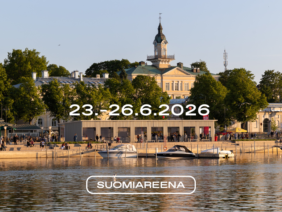 Waterfront crowd, boats, and a clock‑tower building; text “23.–26.6.2026” and “SuomiAreena.”